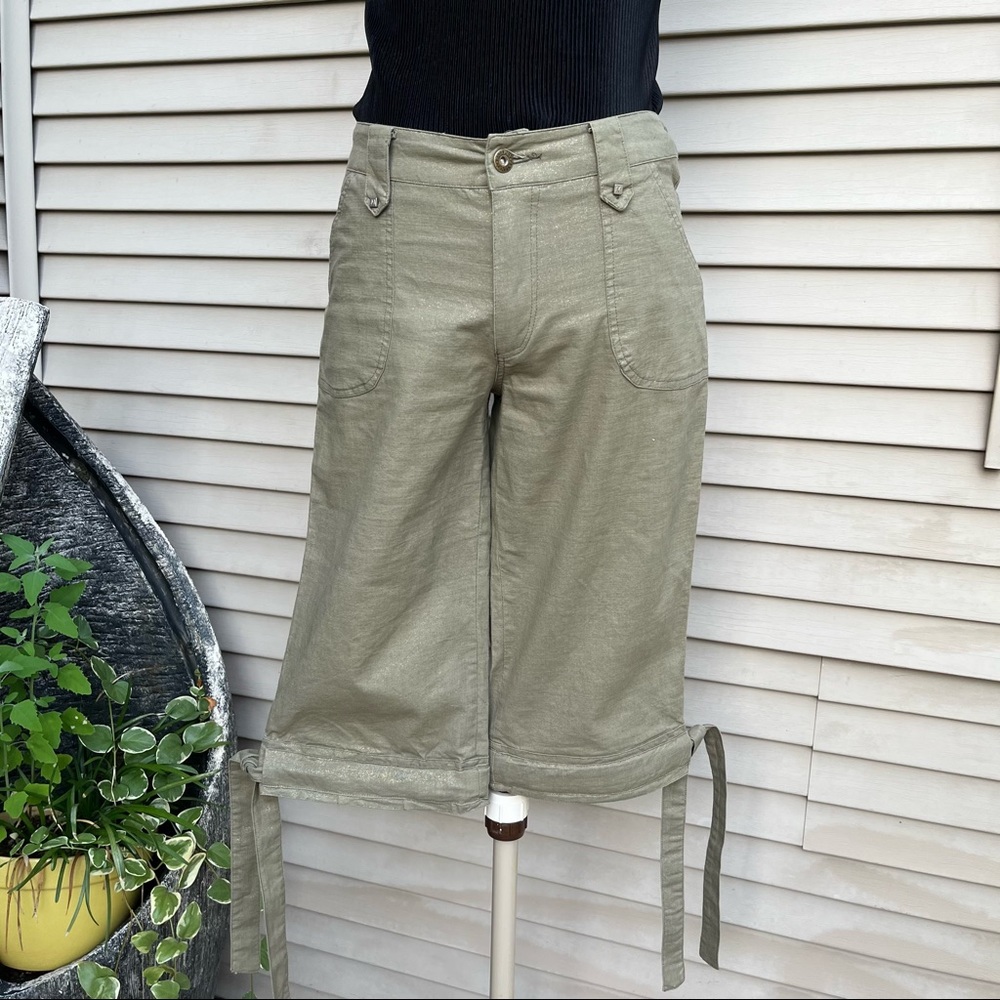 Baalish Girl knee length cropped pants - army olive green w gold sparkle